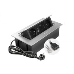 MULTISOFT nábytková zásuvka 2x zásuvka se zemí, USB A+C, RJ45, HDMI,stříbrná